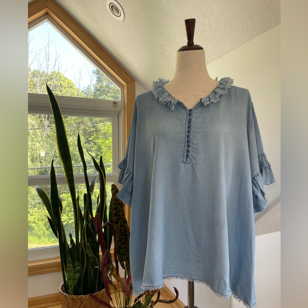 Altar'd State : Blue Boxy Ruffled Denim Blouse